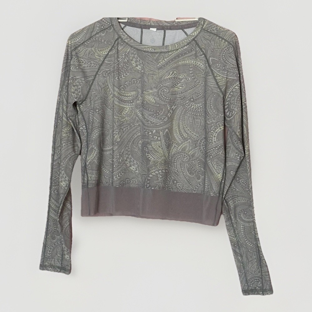 Lululemon Mesh Cropped Long Sleeve Top Paisley Athletic Yoga Running Gray Womens